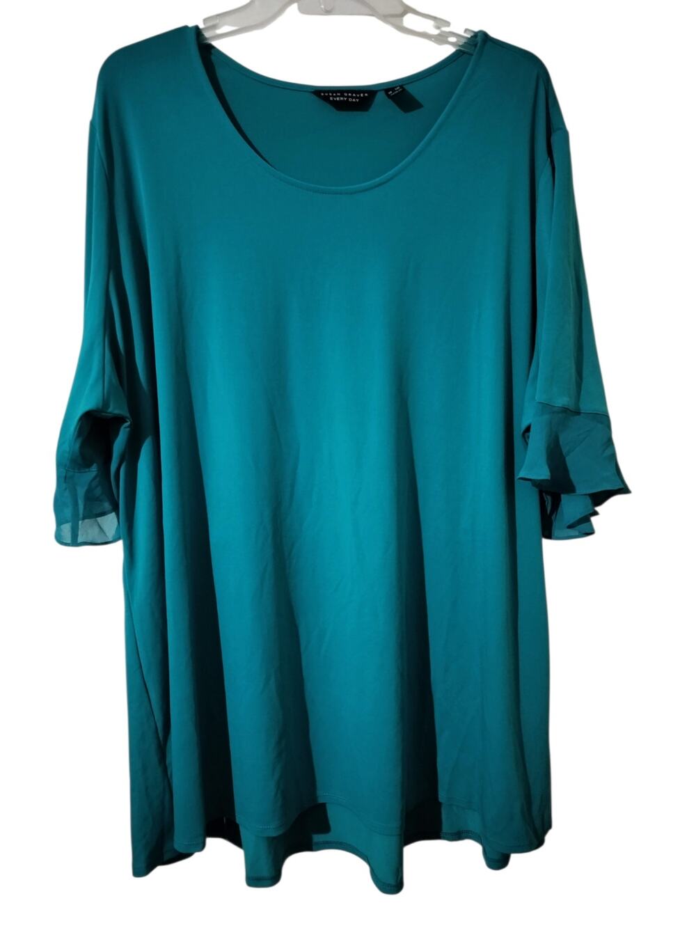 6091)Susan Graver Plus 3X Jade Green Liquid Knit Short Ruffle Sleeve Pullove Top
